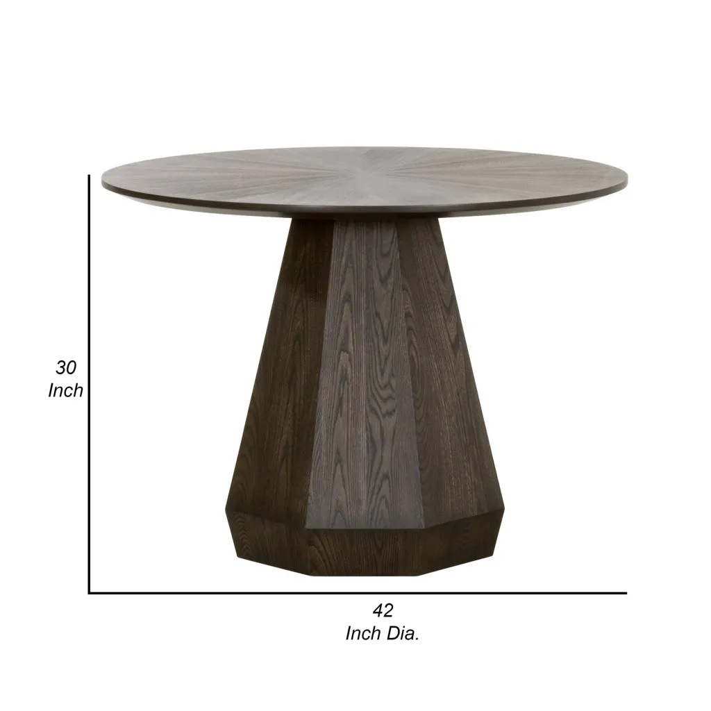 42 Inch Dining Table, Round Top, Modern Pedestal Base, Brushed Brown Finish By Casagear Home