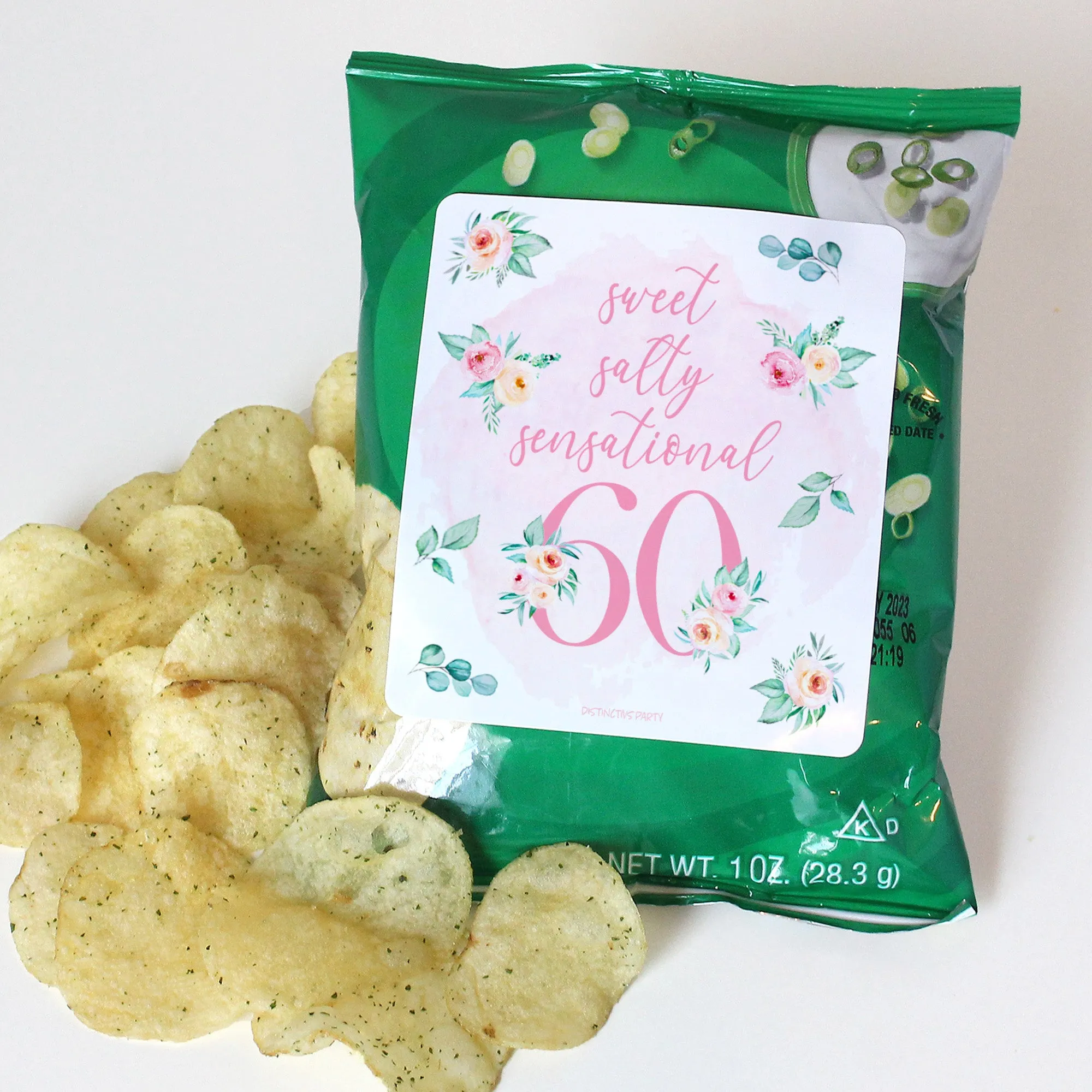 60th Birthday: Floral - Popcorn, Chip Bag, and Snack Bag Stickers - 32 Stickers