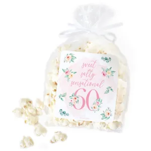 60th Birthday: Floral - Popcorn, Chip Bag, and Snack Bag Stickers - 32 Stickers