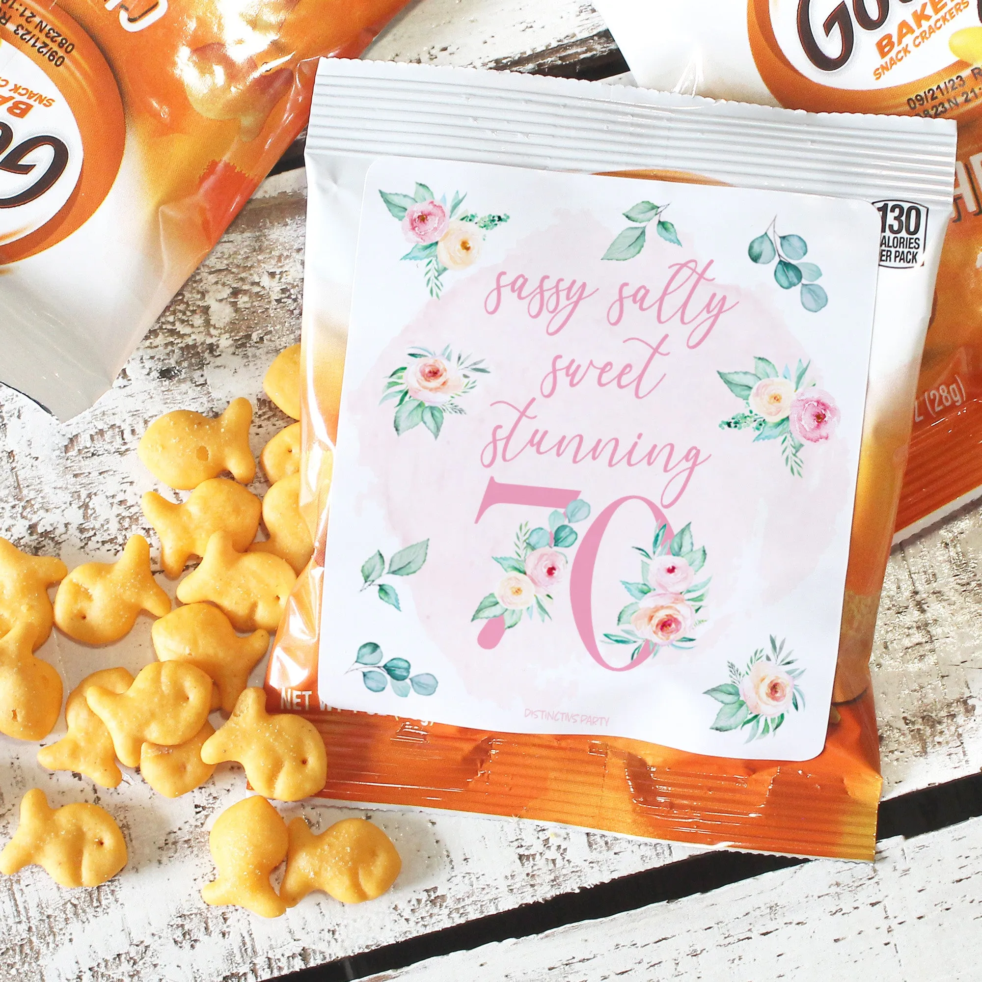 70th Birthday: Floral - Popcorn, Chip Bag, and Snack Bag Stickers - 32 Stickers