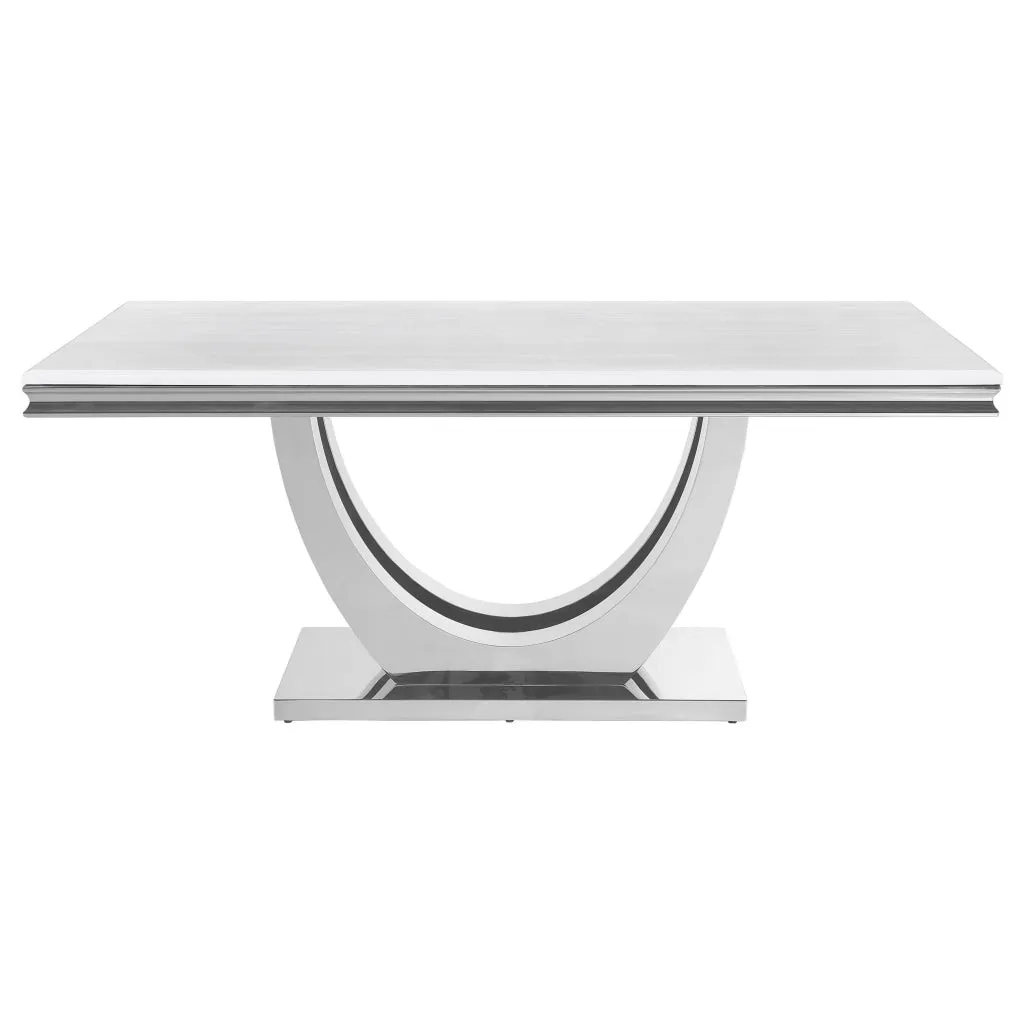 71 Inch Dining Table, Rectangular White Faux Marble Top, Pedestal Base By Casagear Home