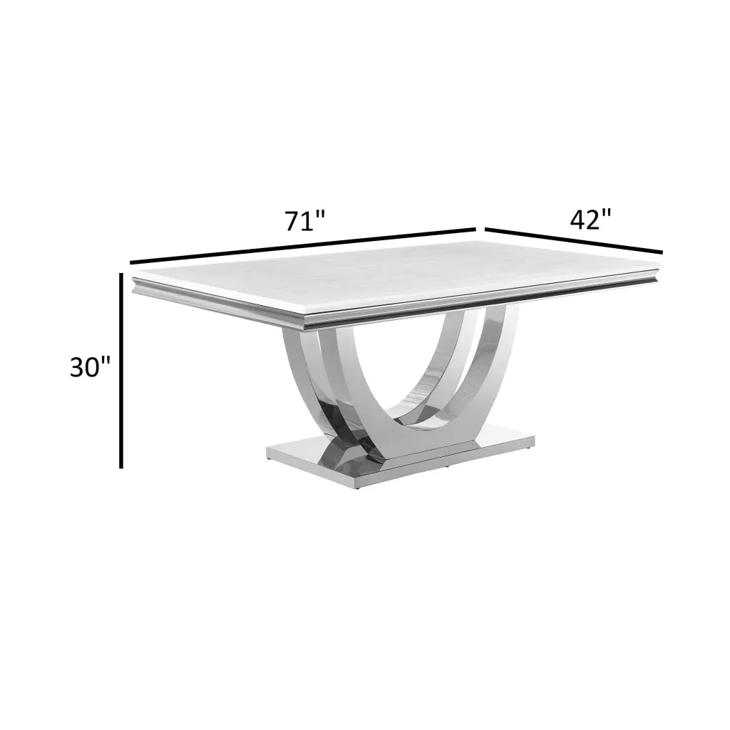 71 Inch Dining Table, Rectangular White Faux Marble Top, Pedestal Base By Casagear Home