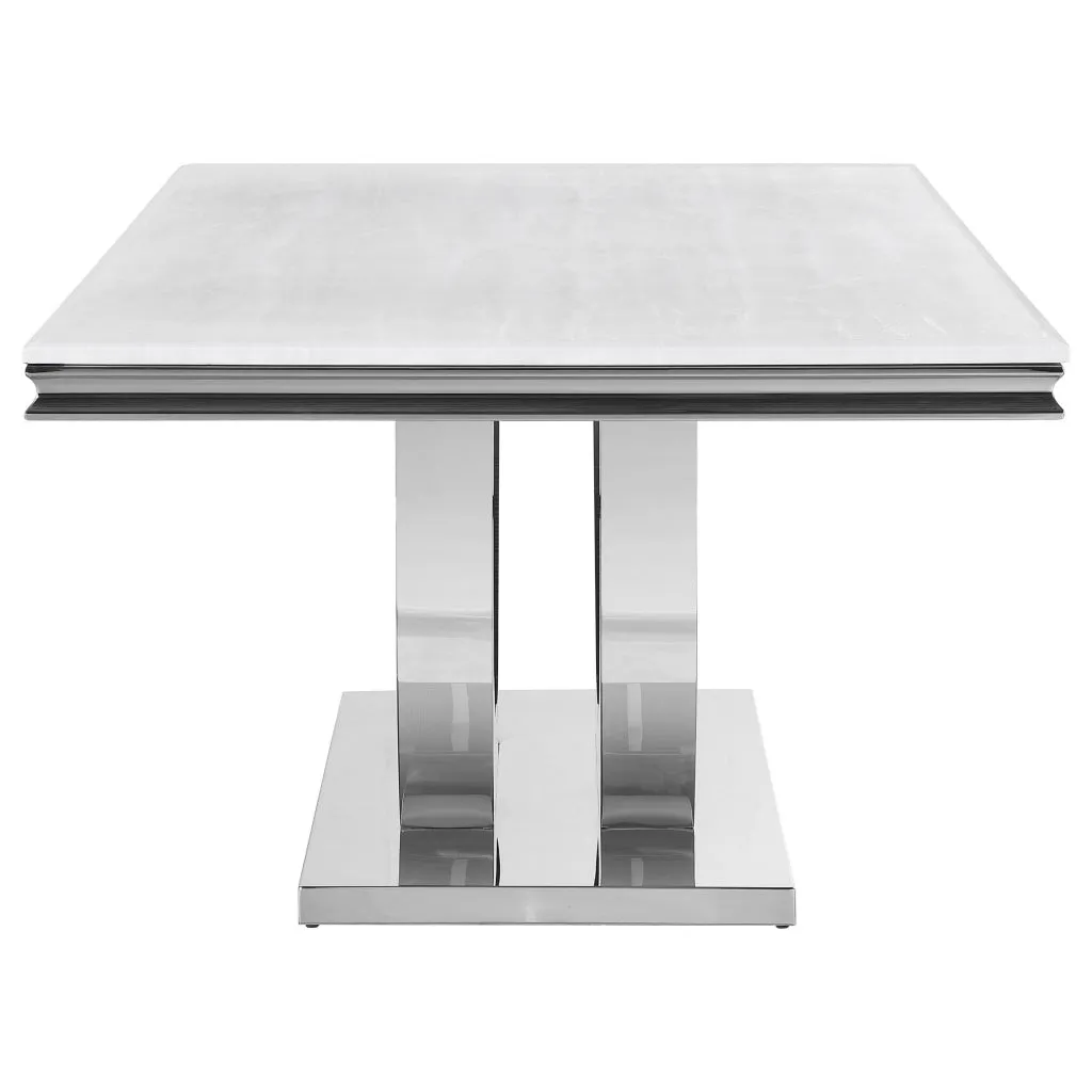 71 Inch Dining Table, Rectangular White Faux Marble Top, Pedestal Base By Casagear Home