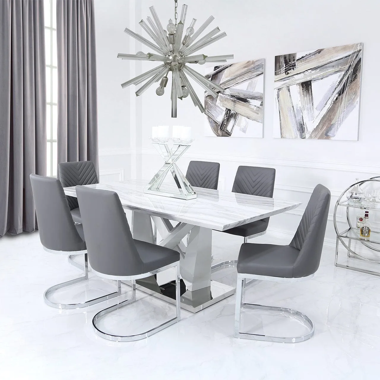 Amara Marble Effect Dining Set with 6 Chevron Chairs