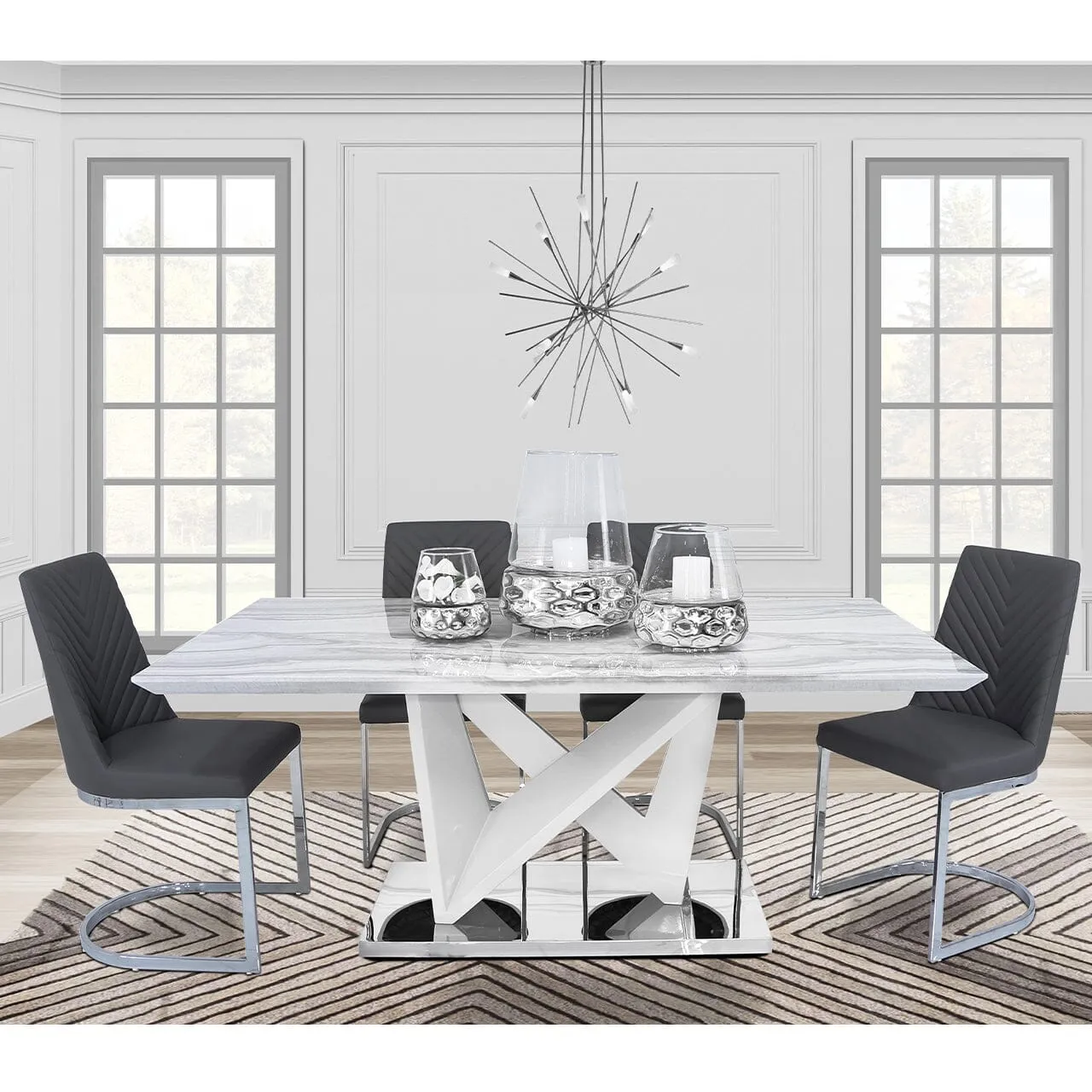 Amara Marble Effect Dining Set with 6 Chevron Chairs