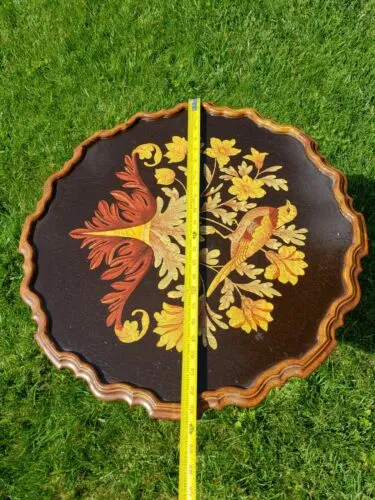 Antique Hand Painted Floral Bird Motif Round Wood Folding 3 footed Table