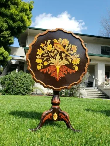 Antique Hand Painted Floral Bird Motif Round Wood Folding 3 footed Table