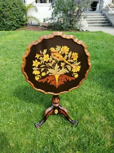 Antique Hand Painted Floral Bird Motif Round Wood Folding 3 footed Table