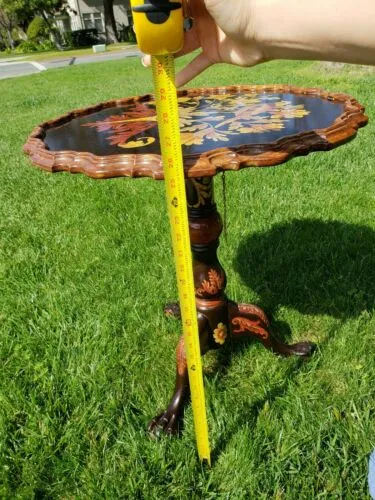 Antique Hand Painted Floral Bird Motif Round Wood Folding 3 footed Table