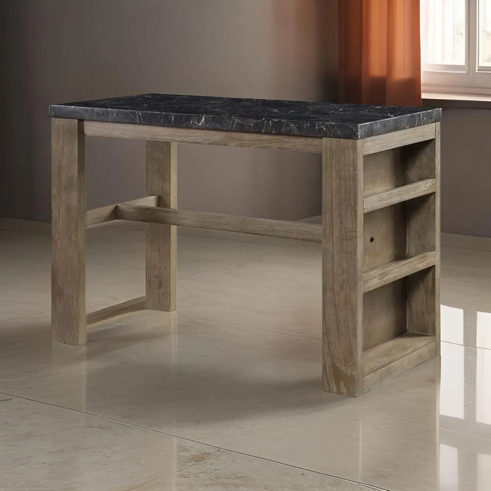 Counter Height Table with Marble Top and 3 Open Compartments, Oak Brown By Casagear Home