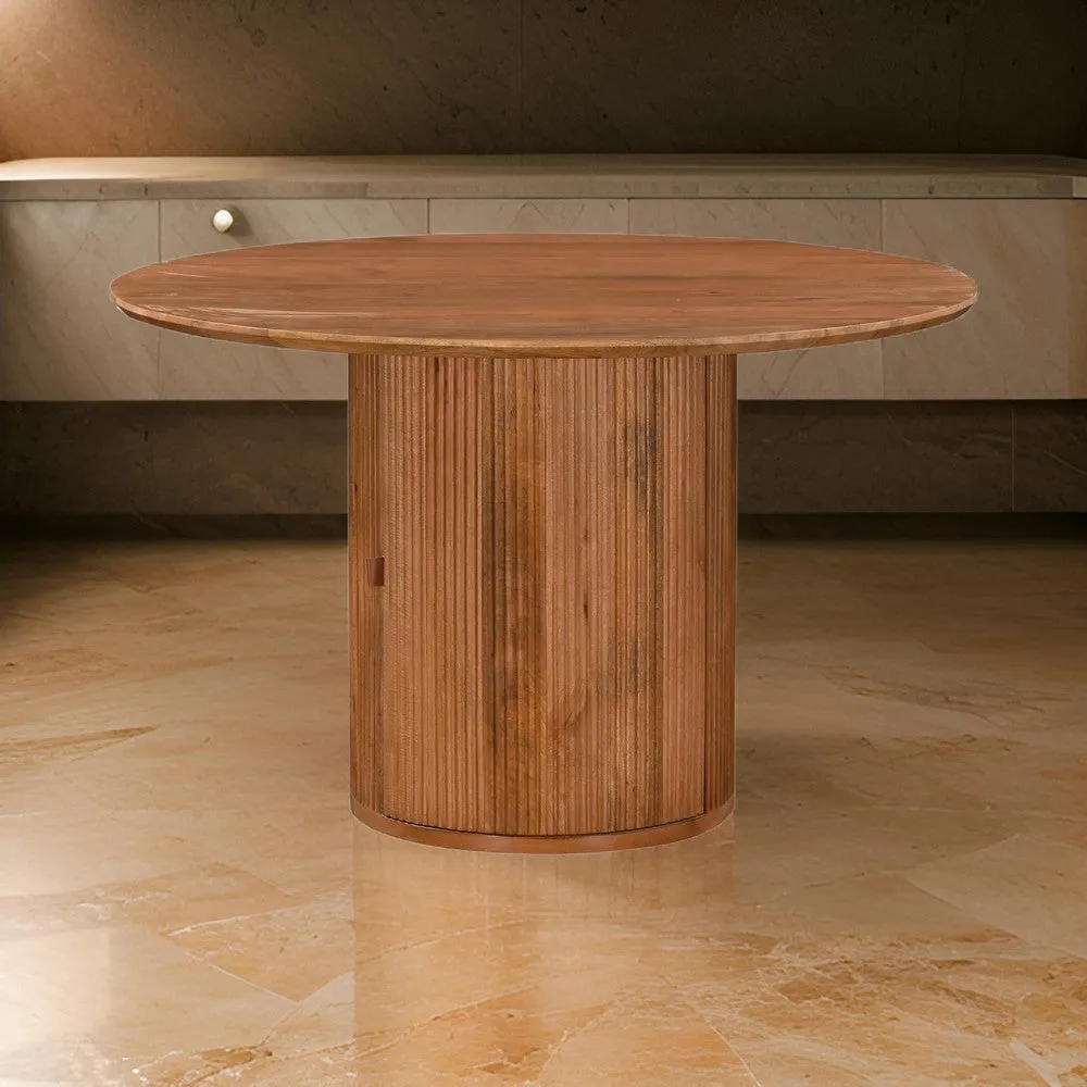 Dining Table, 47 Inch Round, Fluted Drum Base Storage, Natural Mango Wood By Casagear Home