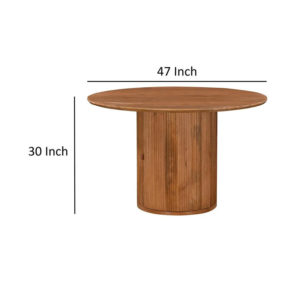 Dining Table, 47 Inch Round, Fluted Drum Base Storage, Natural Mango Wood By Casagear Home