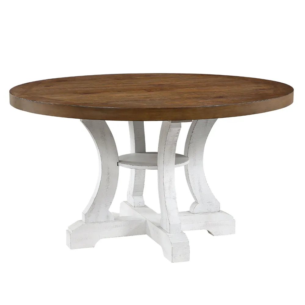 Dual Tone Round Top Dining Table with Pedestal Base, Brown and White By Casagear Home