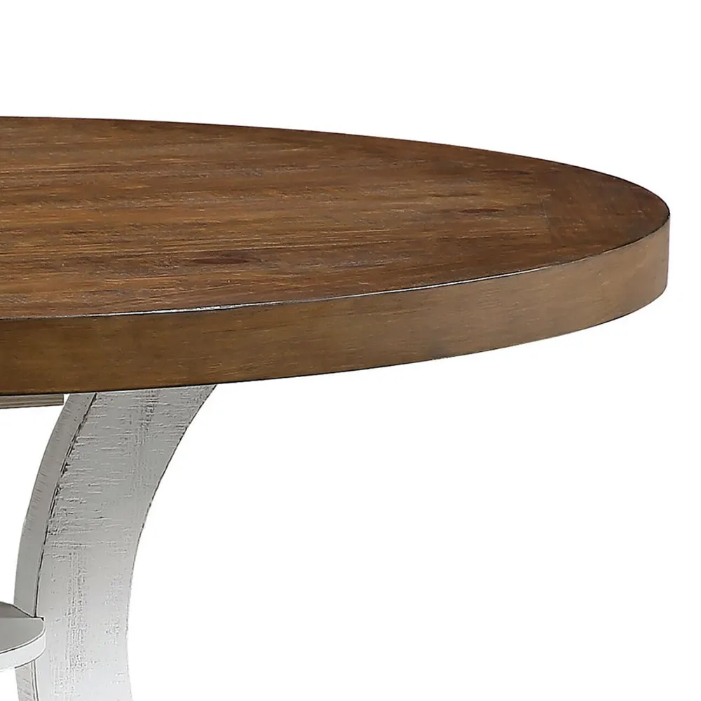 Dual Tone Round Top Dining Table with Pedestal Base, Brown and White By Casagear Home