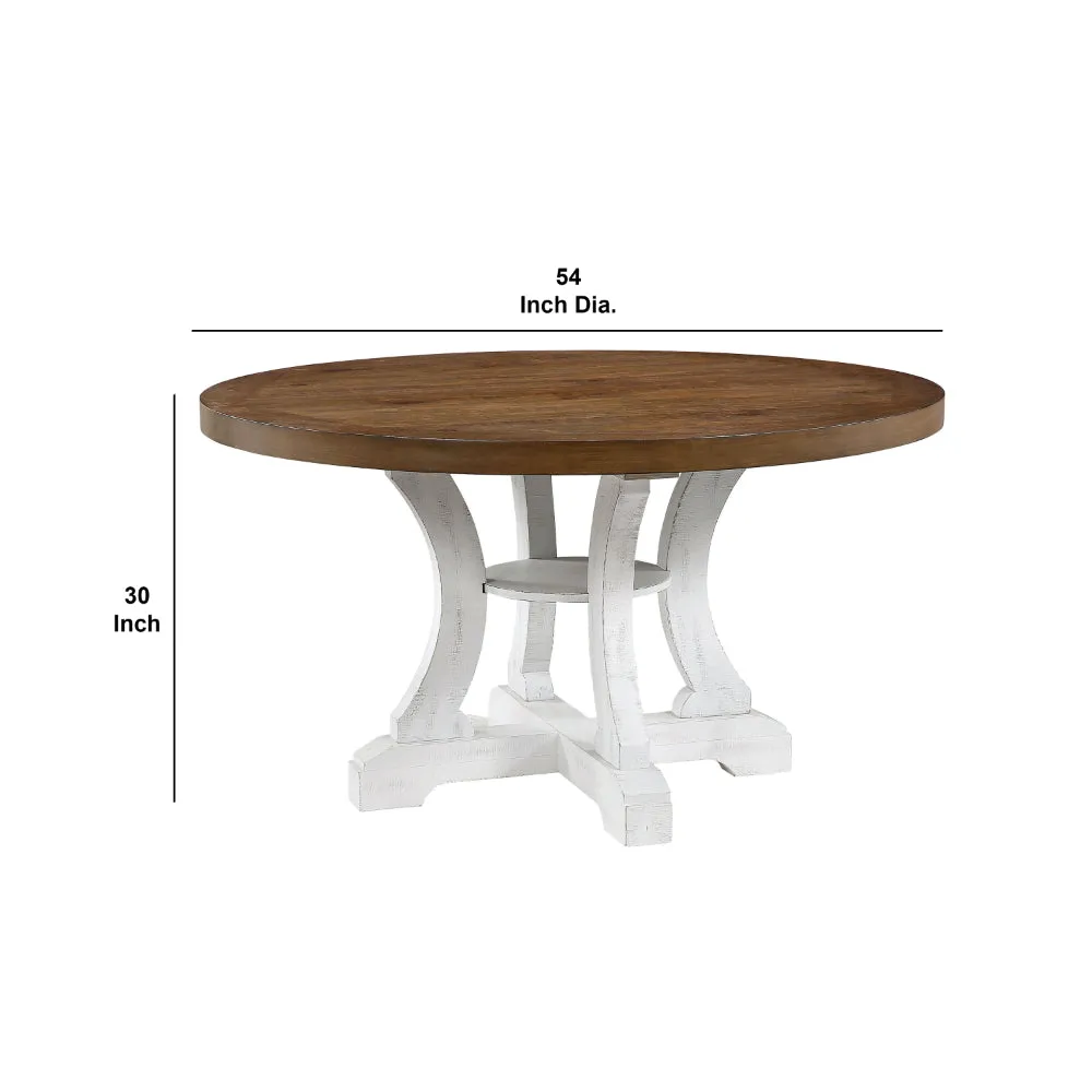 Dual Tone Round Top Dining Table with Pedestal Base, Brown and White By Casagear Home