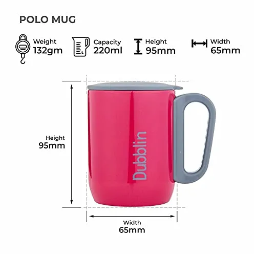 DUBBLIN Polo Stainless Steel Unbreakable Tea Coffee Mug Double Wall Insulated with Handle and Lid, Wide Mouth Mug Keeps Beverages Hot & Cold 220 ML Pink