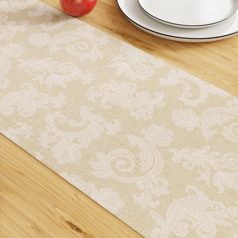 Encasa Table Runner For 4 Seater Dining- Beige Floral Printed | Chambray Cotton | Size 32X150 Cm | X-Small