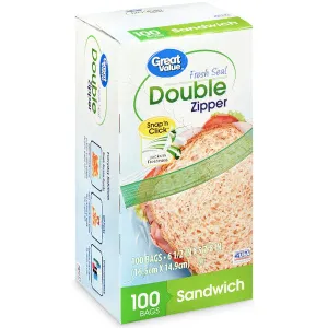 Great Value Double Zipper Sandwich Bags, 100 Count