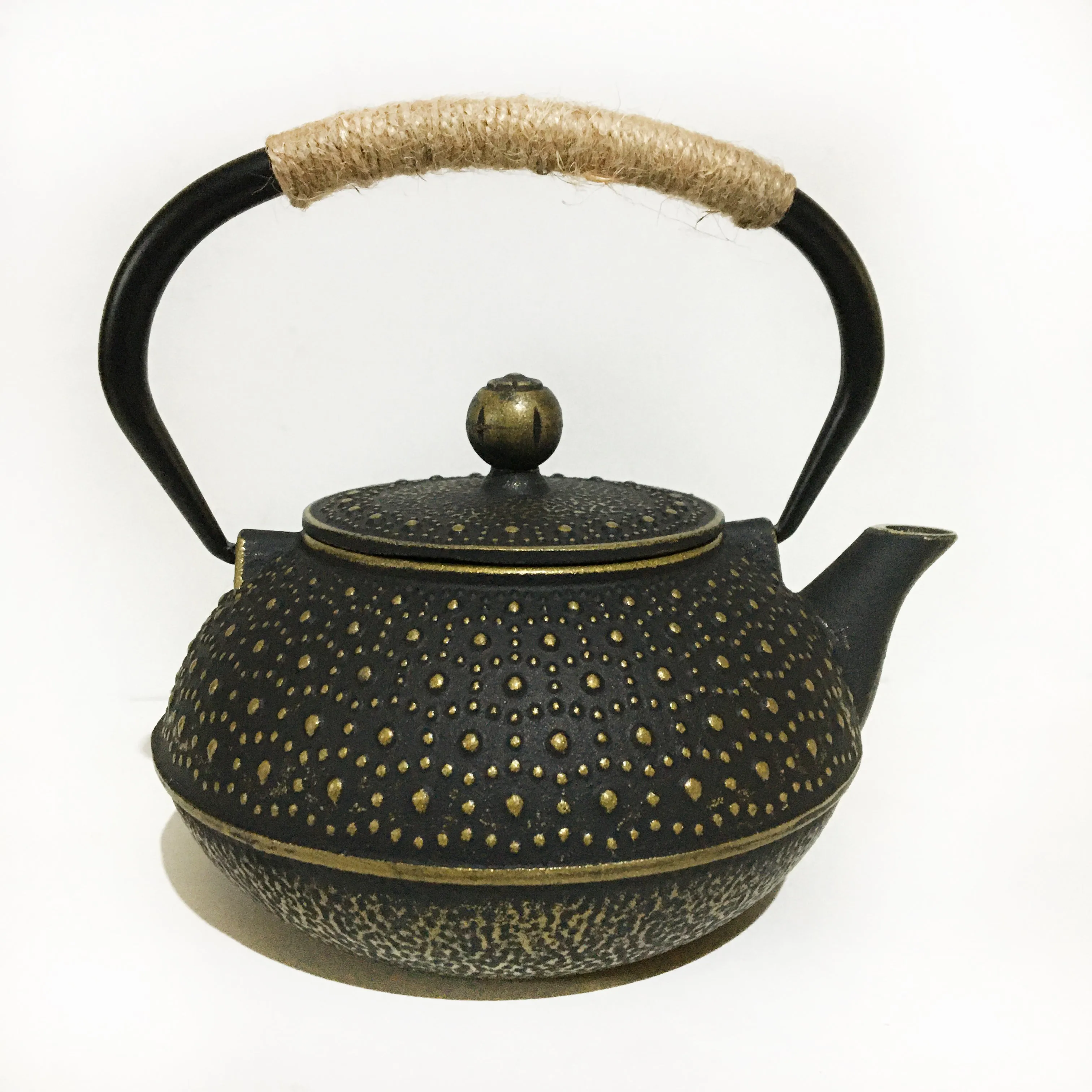 Japanese Black Floral Cast Iron Tea Kettle with Enameled Interior