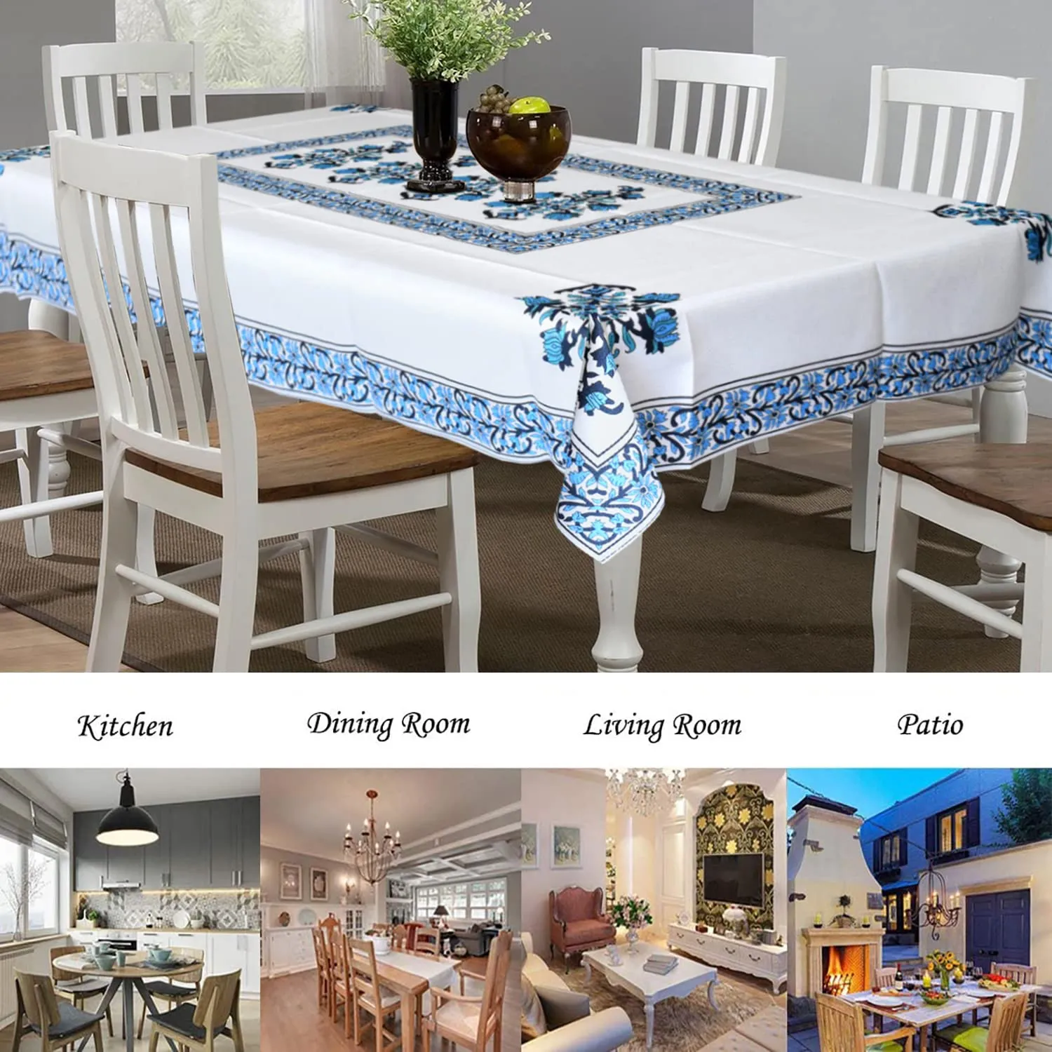 Kuber Industries Floral Print Polyester Dining Table Cover/Table Cloth for Home Decorative Luxurious 6 Seater, 60"x90" (Blue) 54KM4275