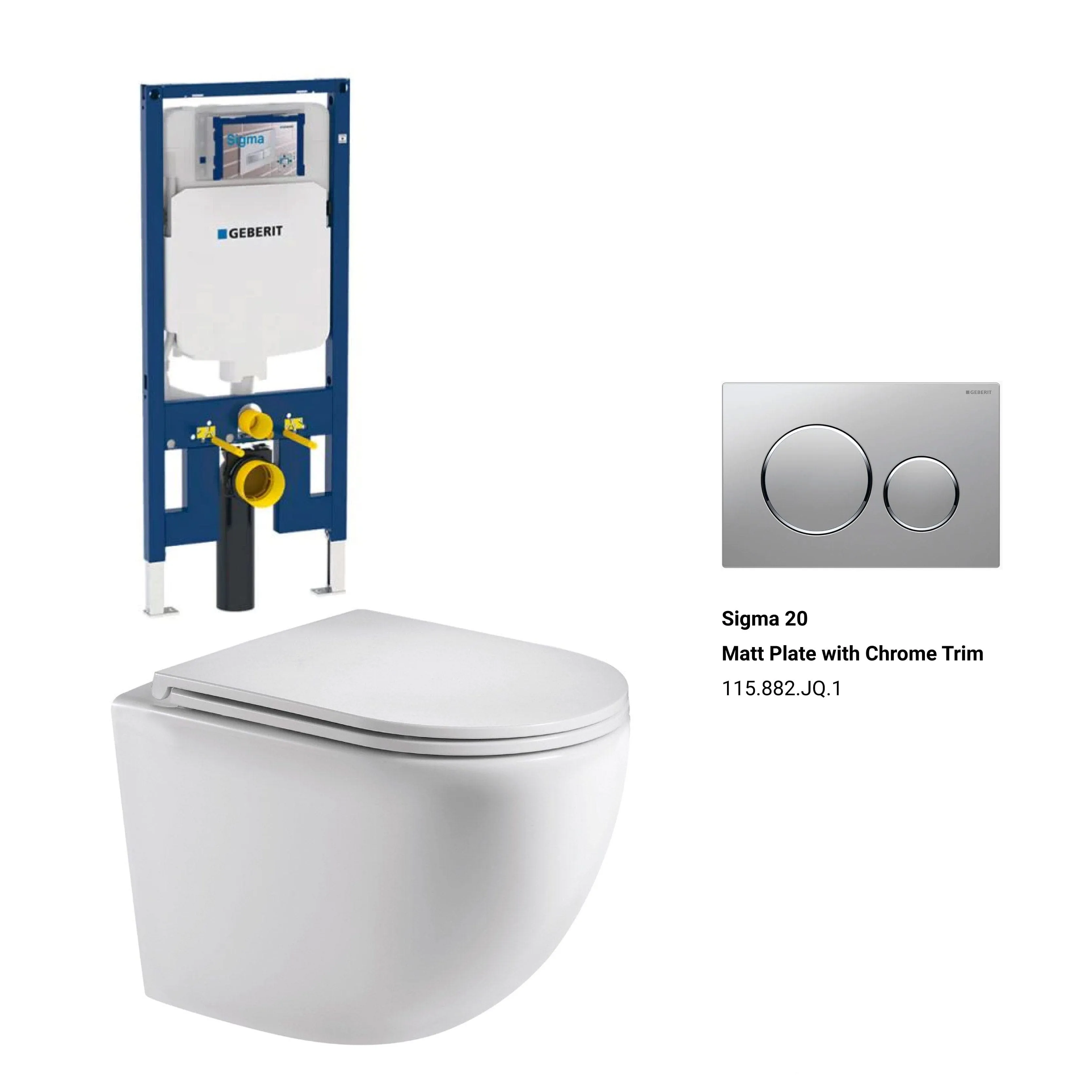 Max49 Rimless Tornado Wall Hung Toilet Package - Geberit Sigma 8 Duofix In Wall Cistern & Round Button