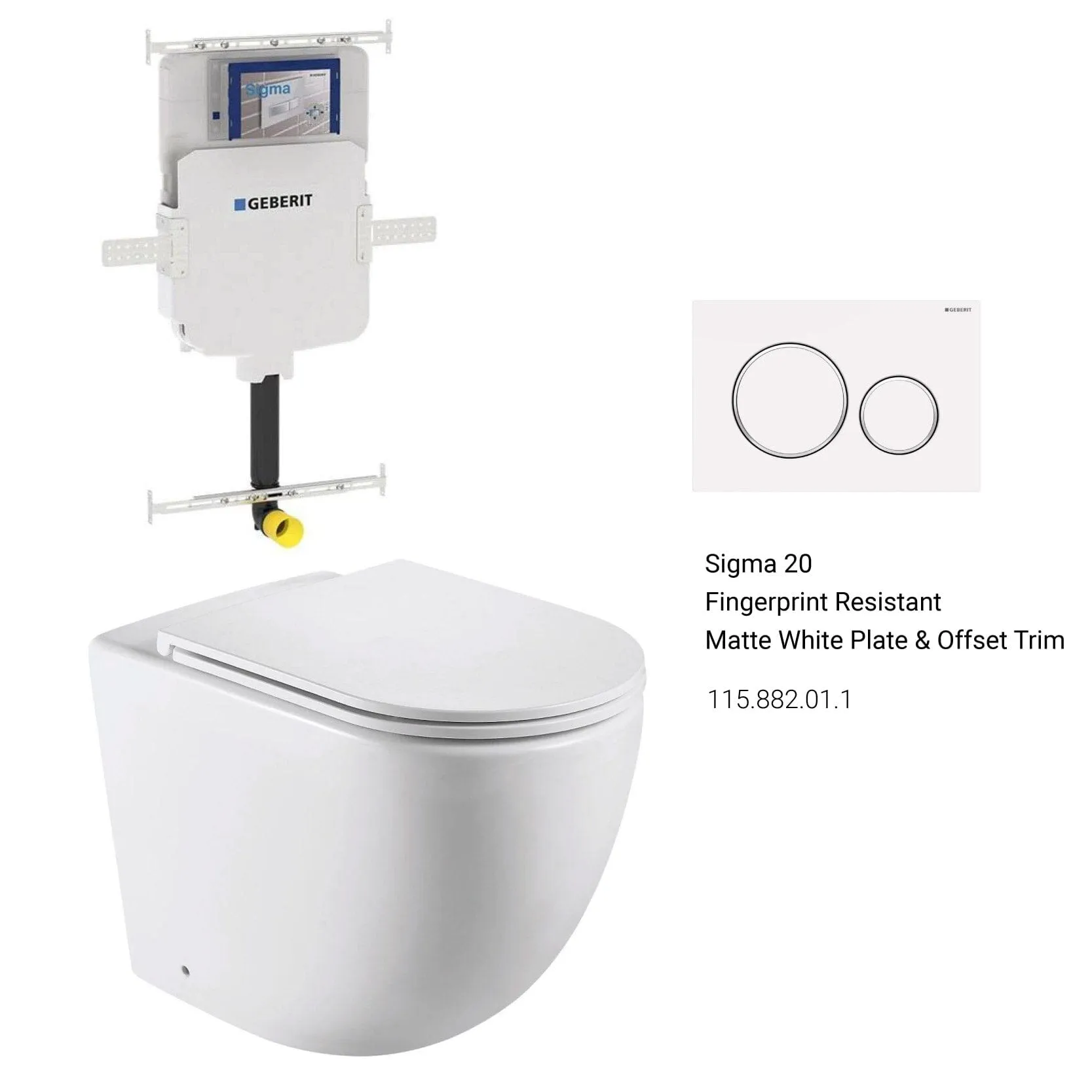 Max57 Rimless Tornado Floor Mount Toilet Pan Packaging - Geberit Sigma 8 Cistern & Round Button