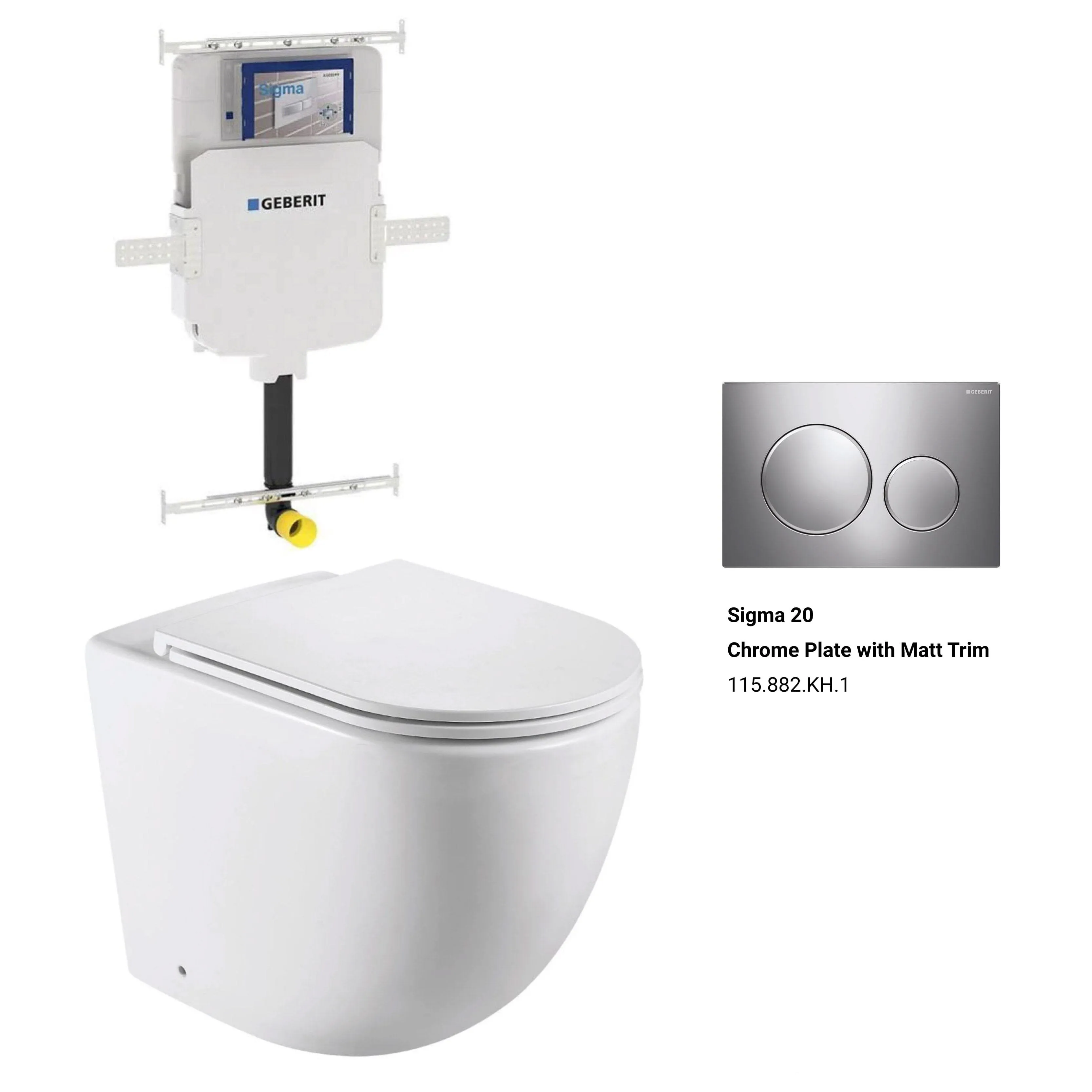 Max57 Rimless Tornado Floor Mount Toilet Pan Packaging - Geberit Sigma 8 Cistern & Round Button