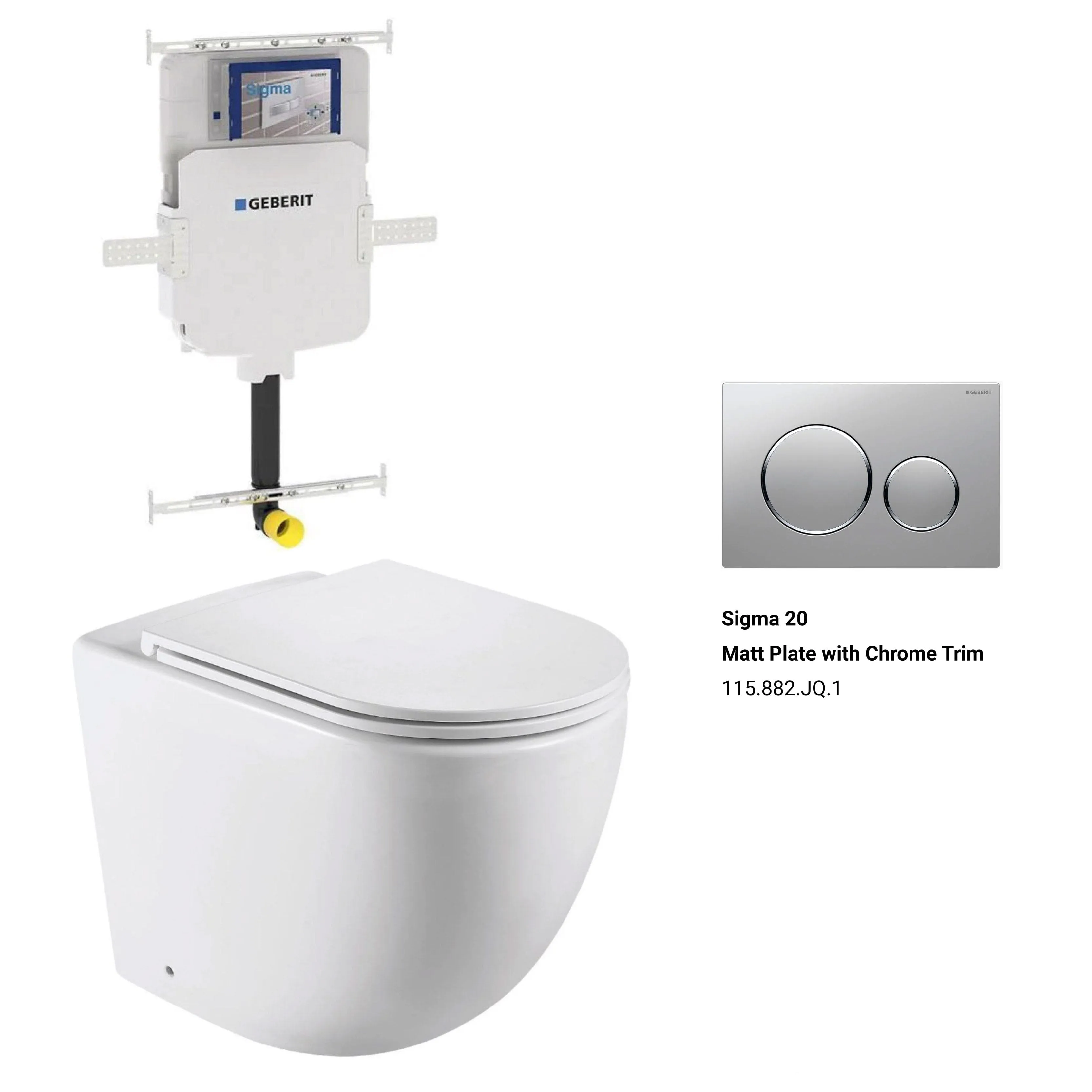 Max57 Rimless Tornado Floor Mount Toilet Pan Packaging - Geberit Sigma 8 Cistern & Round Button