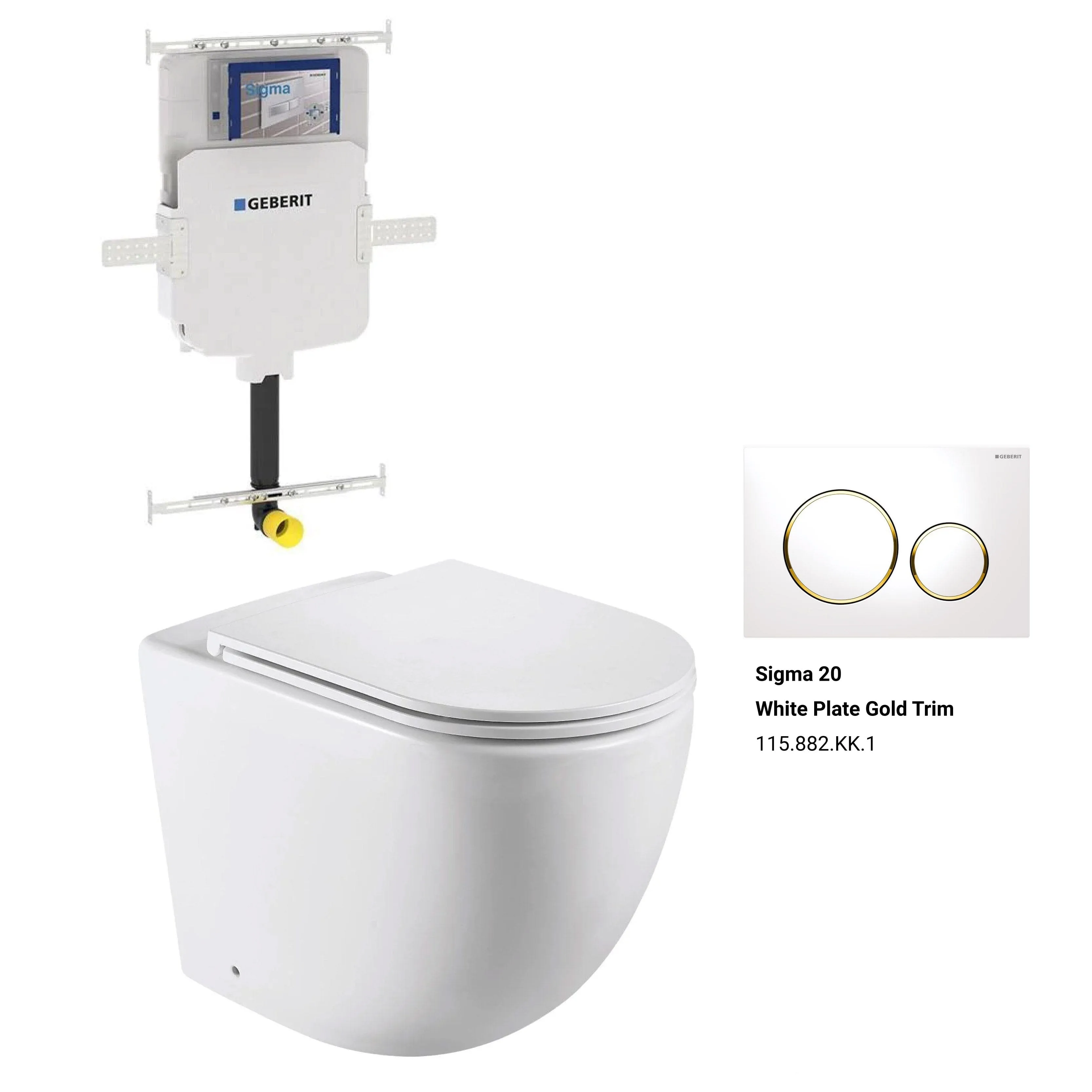 Max57 Rimless Tornado Floor Mount Toilet Pan Packaging - Geberit Sigma 8 Cistern & Round Button