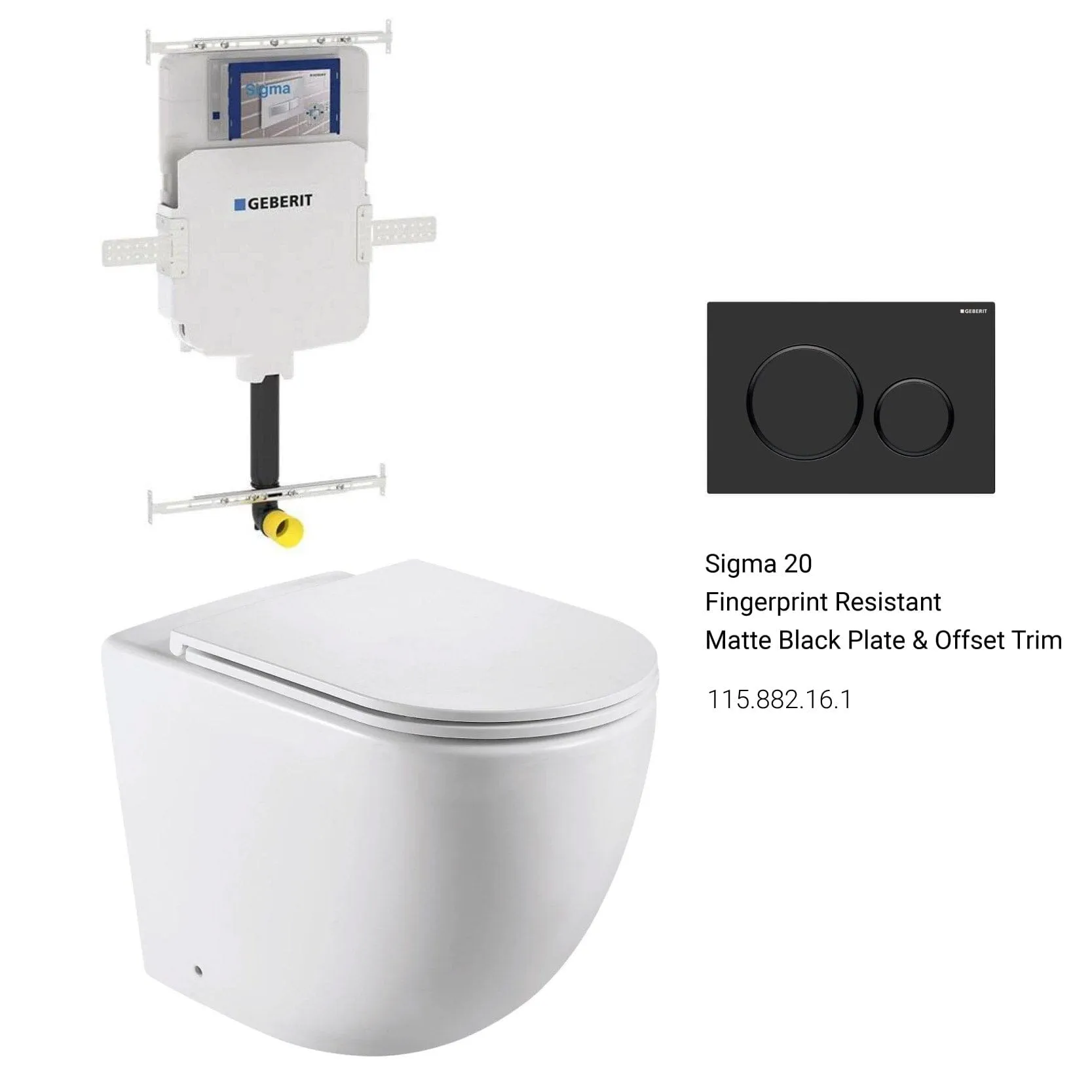 Max57 Rimless Tornado Floor Mount Toilet Pan Packaging - Geberit Sigma 8 Cistern & Round Button