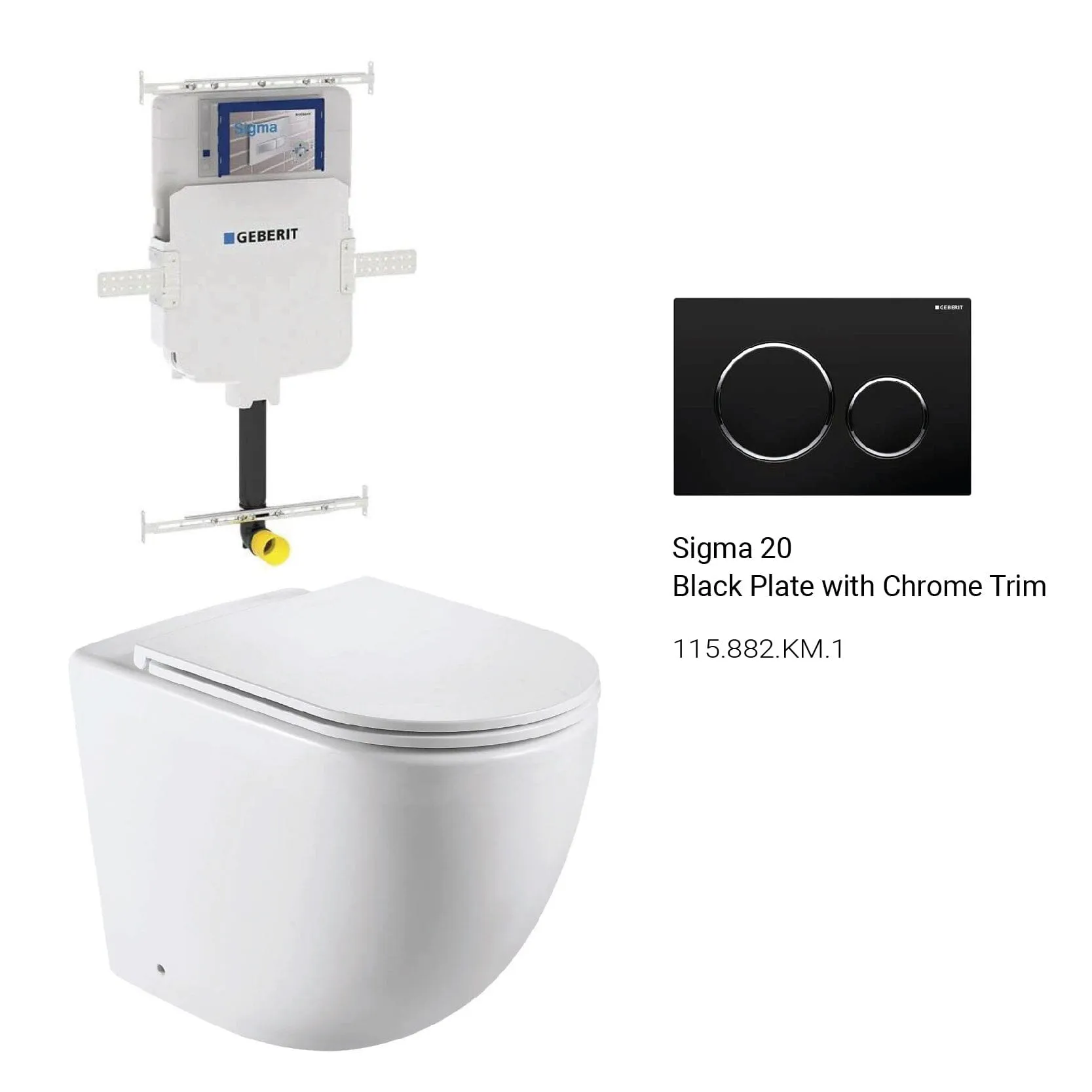 Max57 Rimless Tornado Floor Mount Toilet Pan Packaging - Geberit Sigma 8 Cistern & Round Button