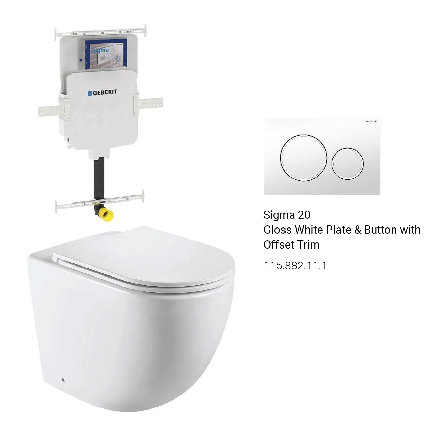 Max57 Rimless Tornado Floor Mount Toilet Pan Packaging - Geberit Sigma 8 Cistern & Round Button