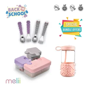 Melii Back to School Bundle - Puzzle Food Container (Pink, Purple, Grey), Spikey Water Bottle (Pink, 17 oz), Spoons & Forks Set (Purple Cat & Grey Bulldog, 4 Pcs) - BPA Free, Durable, Fun Designs