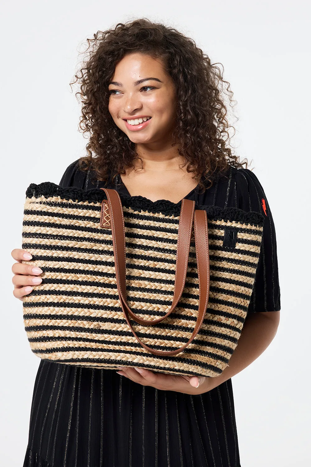 Natural with Black Stripe Straw Basket Bag