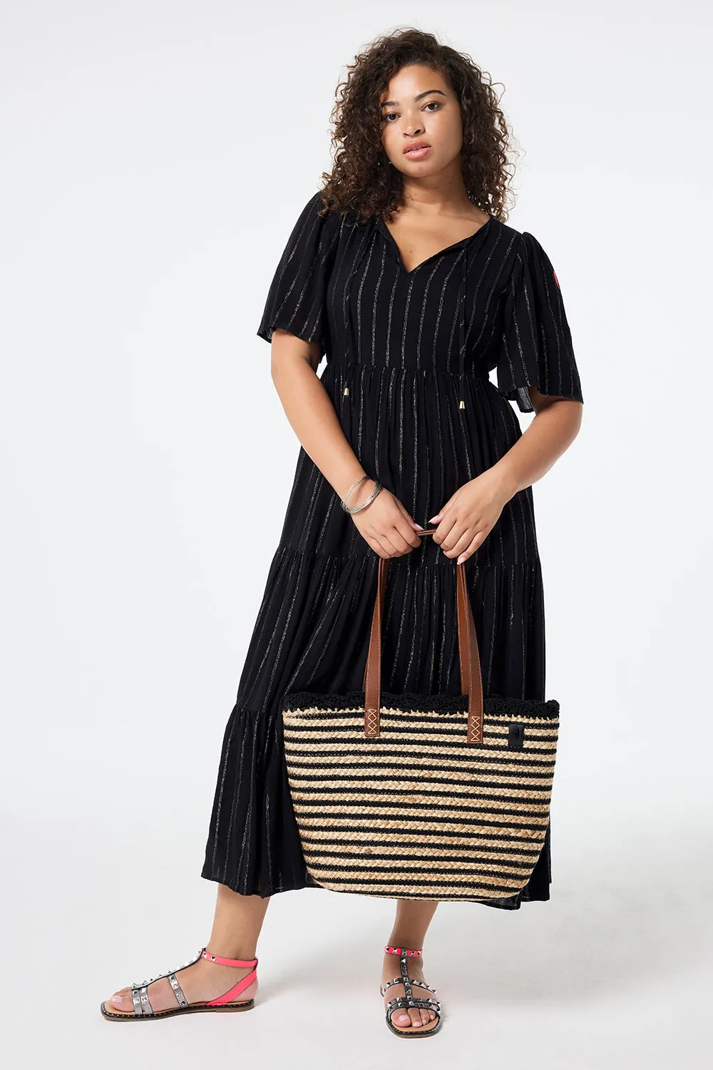 Natural with Black Stripe Straw Basket Bag