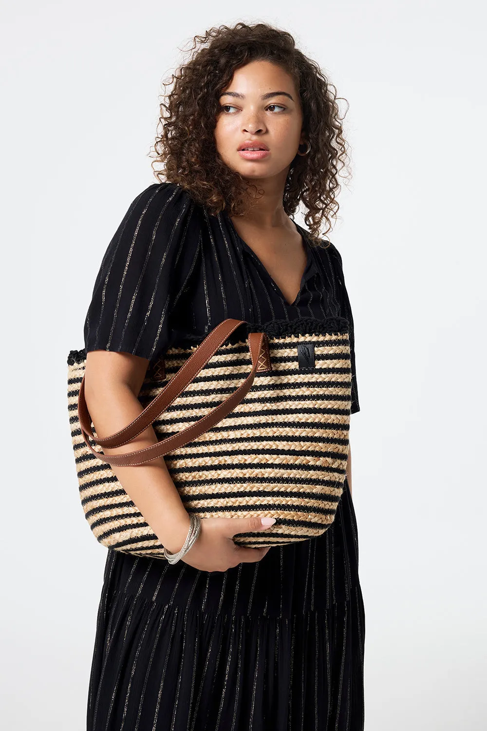 Natural with Black Stripe Straw Basket Bag