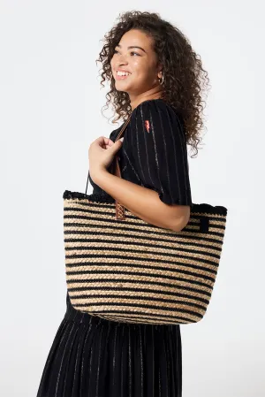 Natural with Black Stripe Straw Basket Bag