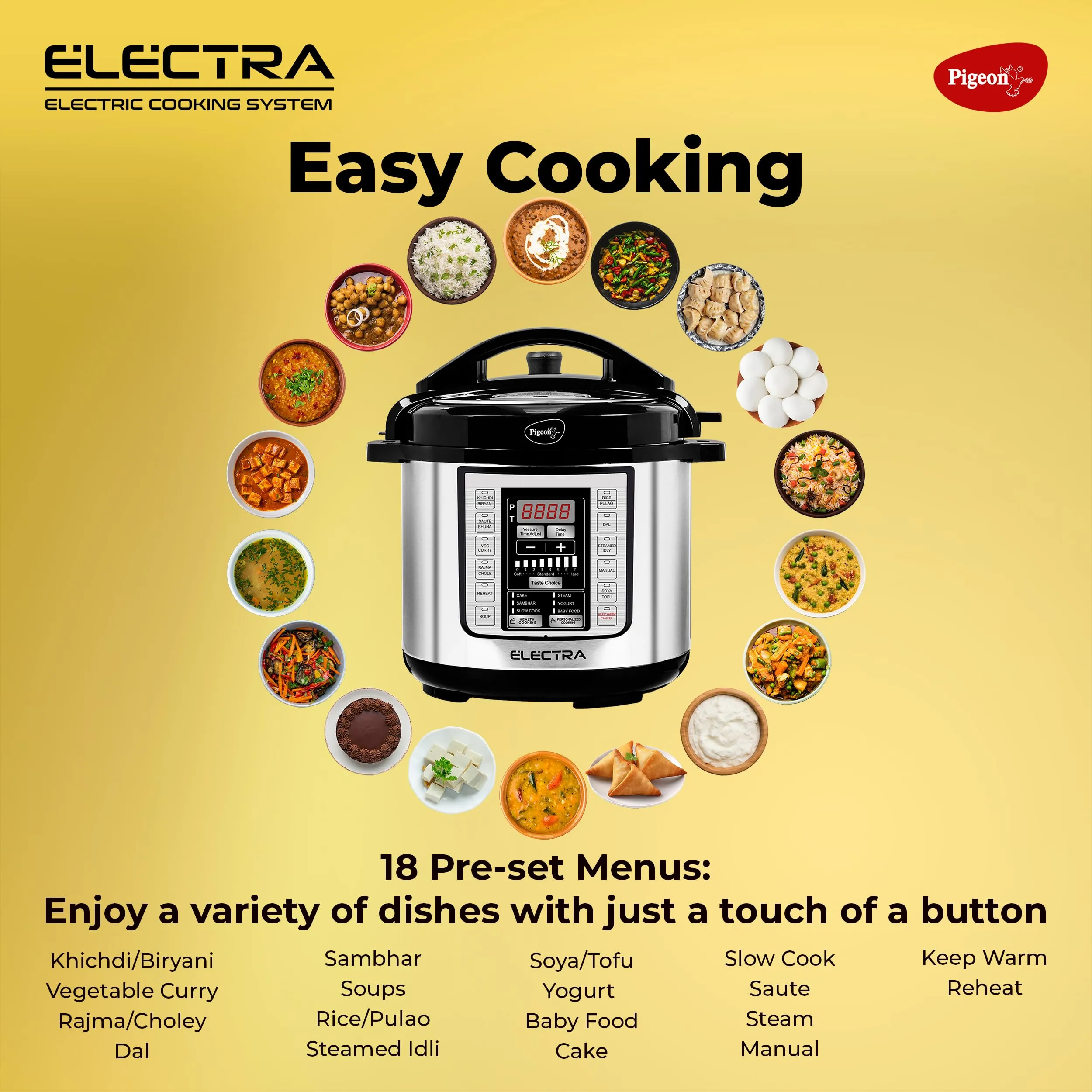 Pigeon By Stovekraft Electra Smart 3 Litre Electric Pressure Cooker with Digital Display | 18 Indian Preset Menu | Automatic Rice Cooker | Delay Timer & More (Stainless Steel)