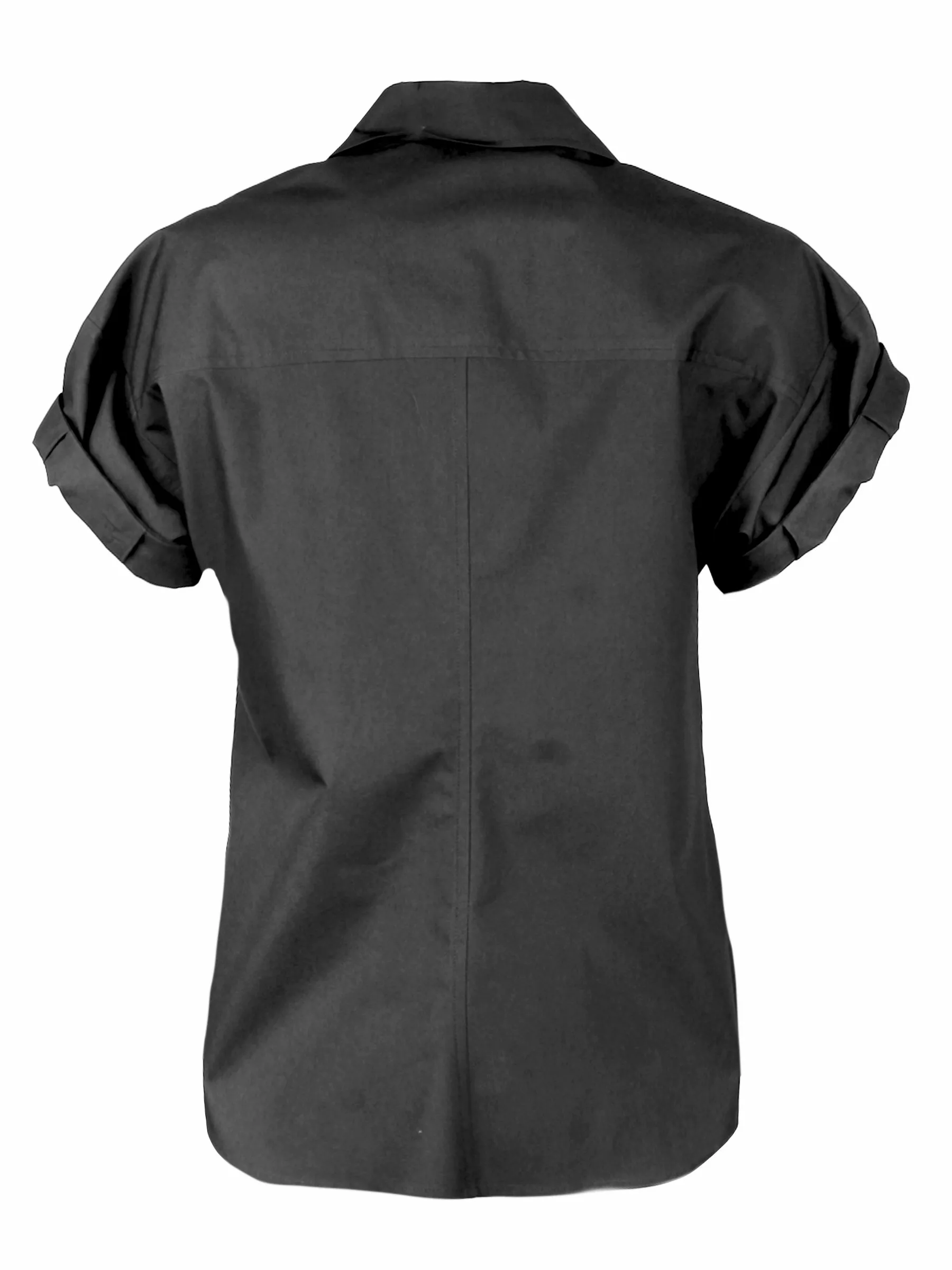 Roll Sleeve Camp Shirt Black Silky Poplin