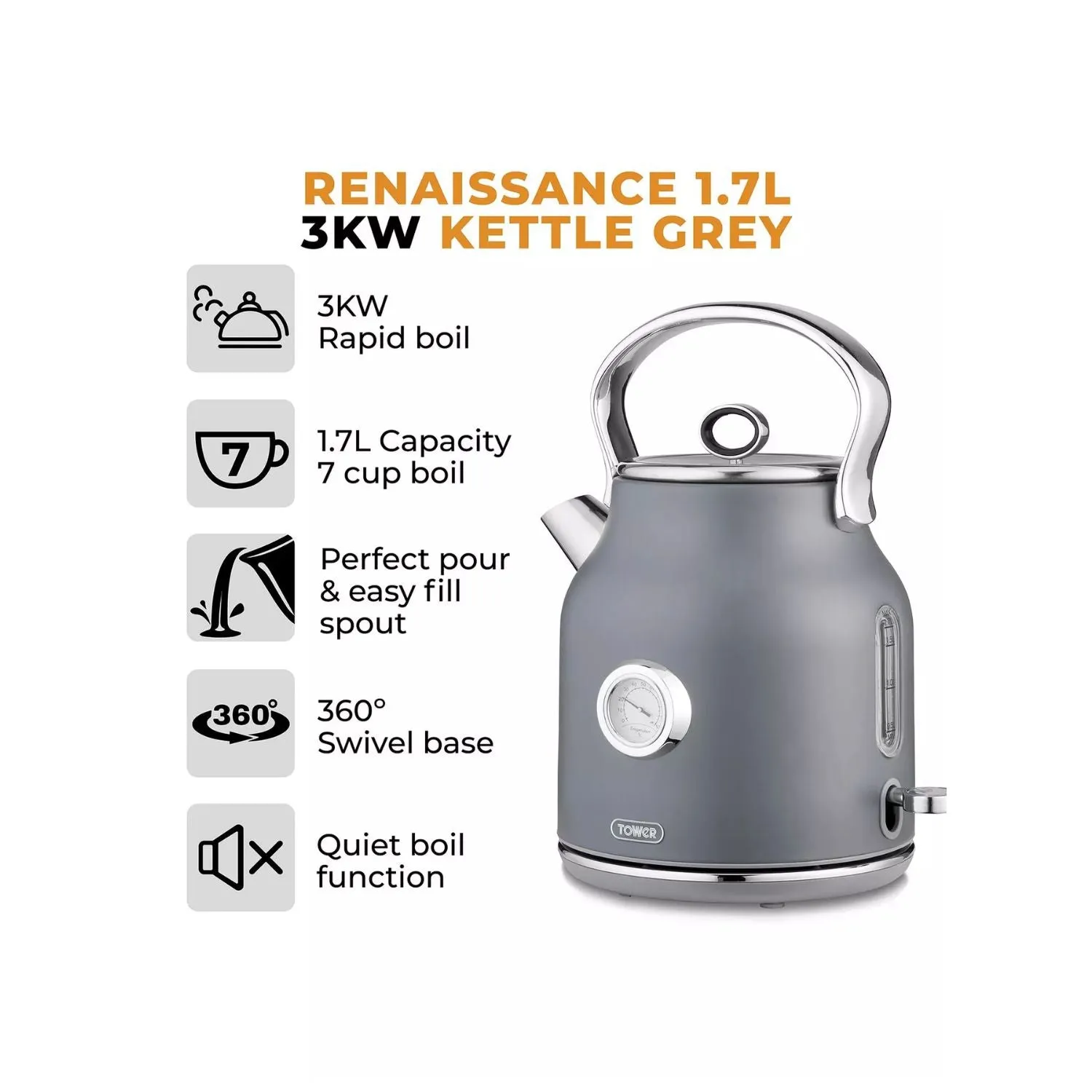 Tower Grey Renaissance 1.7 Litre Kettle