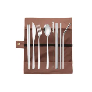 UMAI Portable 9-Piece Stainless Steel Food-Grade Utensil Set - Travel-Friendly | Camping Cutlery | Reusable | Easy to Carry | Ideal for All Occasions | Durable and Practical (Silver)