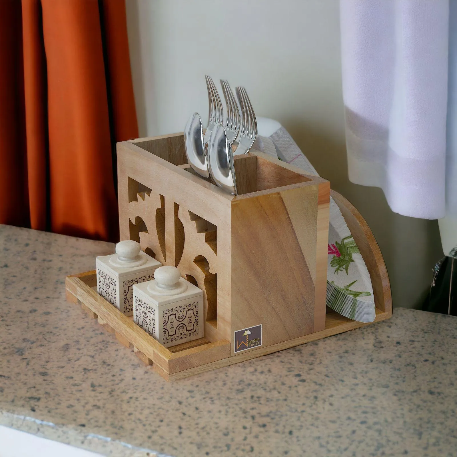 Wooden Twist Neos Teak Wood Cutlery and Tissue Holder ( Natural )