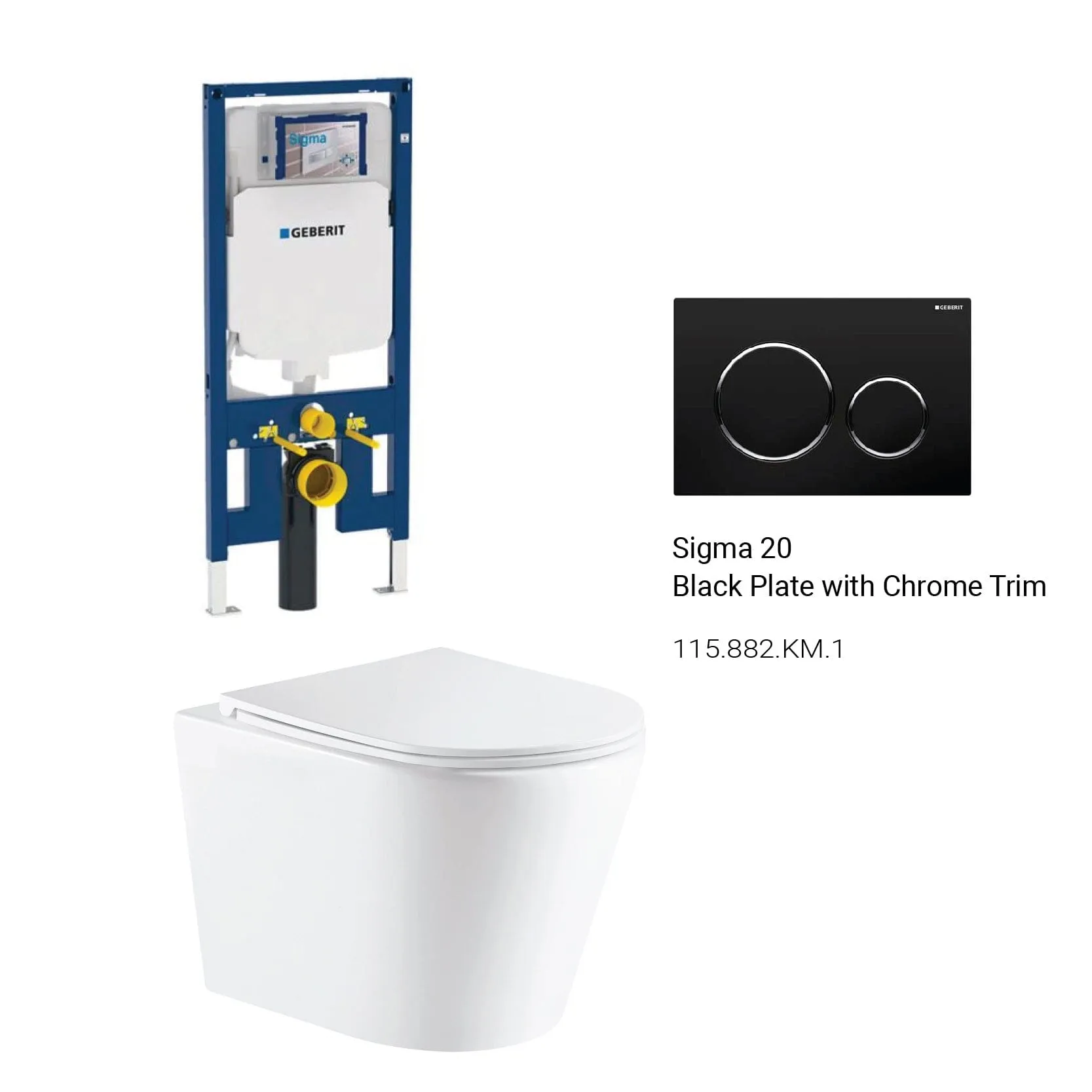 Yara51 Rimless Tornado Wall Hung Toilet Package - Geberit Sigma 8 Duofix In Wall Cistern & Round Button