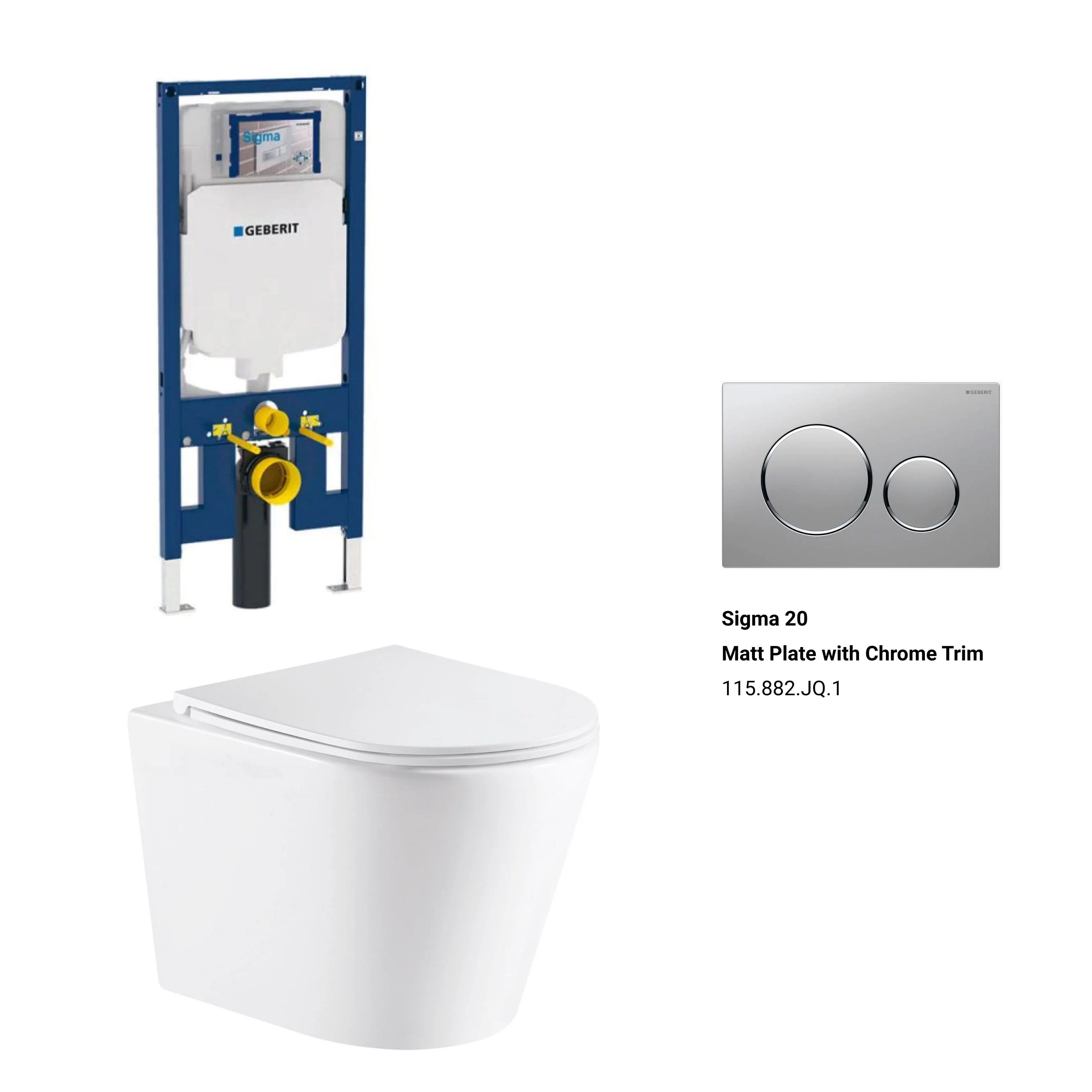 Yara51 Rimless Tornado Wall Hung Toilet Package - Geberit Sigma 8 Duofix In Wall Cistern & Round Button