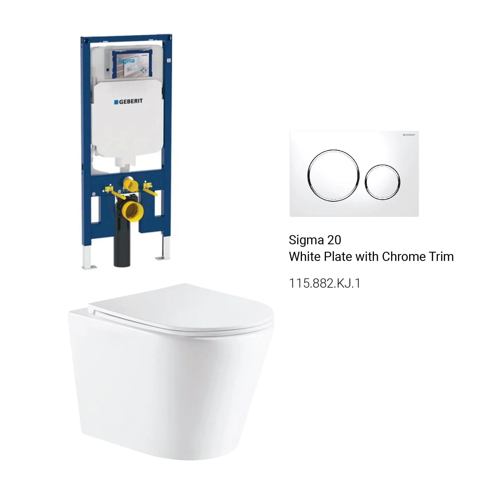 Yara51 Rimless Tornado Wall Hung Toilet Package - Geberit Sigma 8 Duofix In Wall Cistern & Round Button