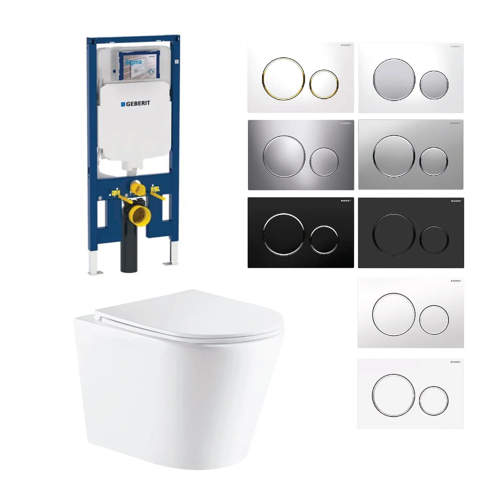 Yara51 Rimless Tornado Wall Hung Toilet Package - Geberit Sigma 8 Duofix In Wall Cistern & Round Button