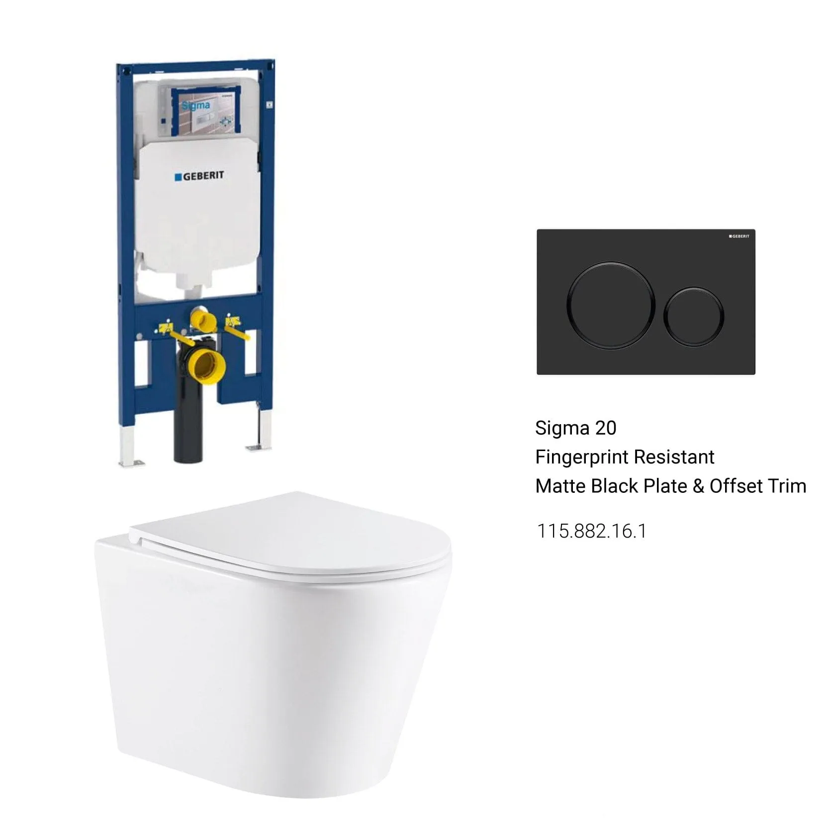 Yara51 Rimless Tornado Wall Hung Toilet Package - Geberit Sigma 8 Duofix In Wall Cistern & Round Button