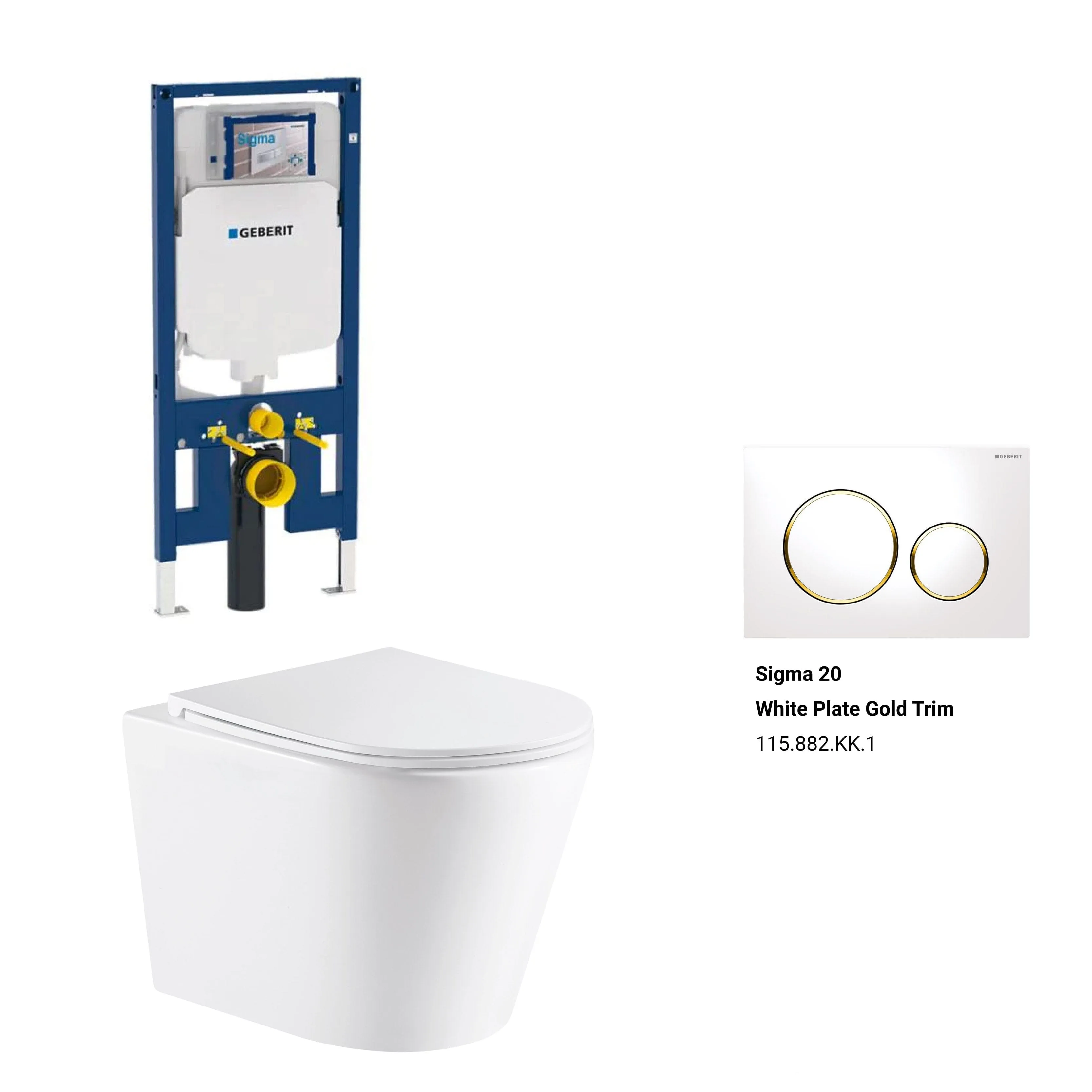 Yara51 Rimless Tornado Wall Hung Toilet Package - Geberit Sigma 8 Duofix In Wall Cistern & Round Button