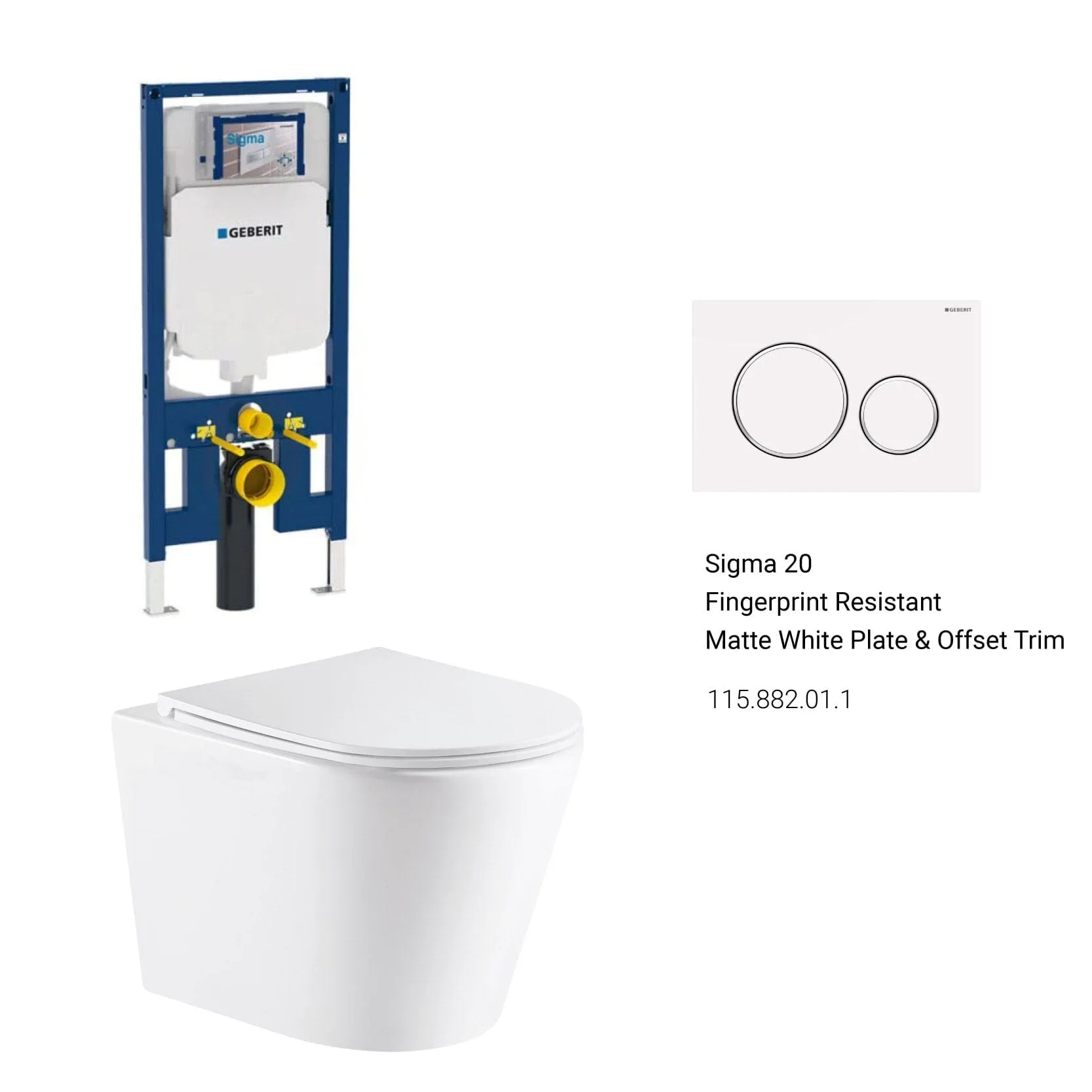 Yara51 Rimless Tornado Wall Hung Toilet Package - Geberit Sigma 8 Duofix In Wall Cistern & Round Button