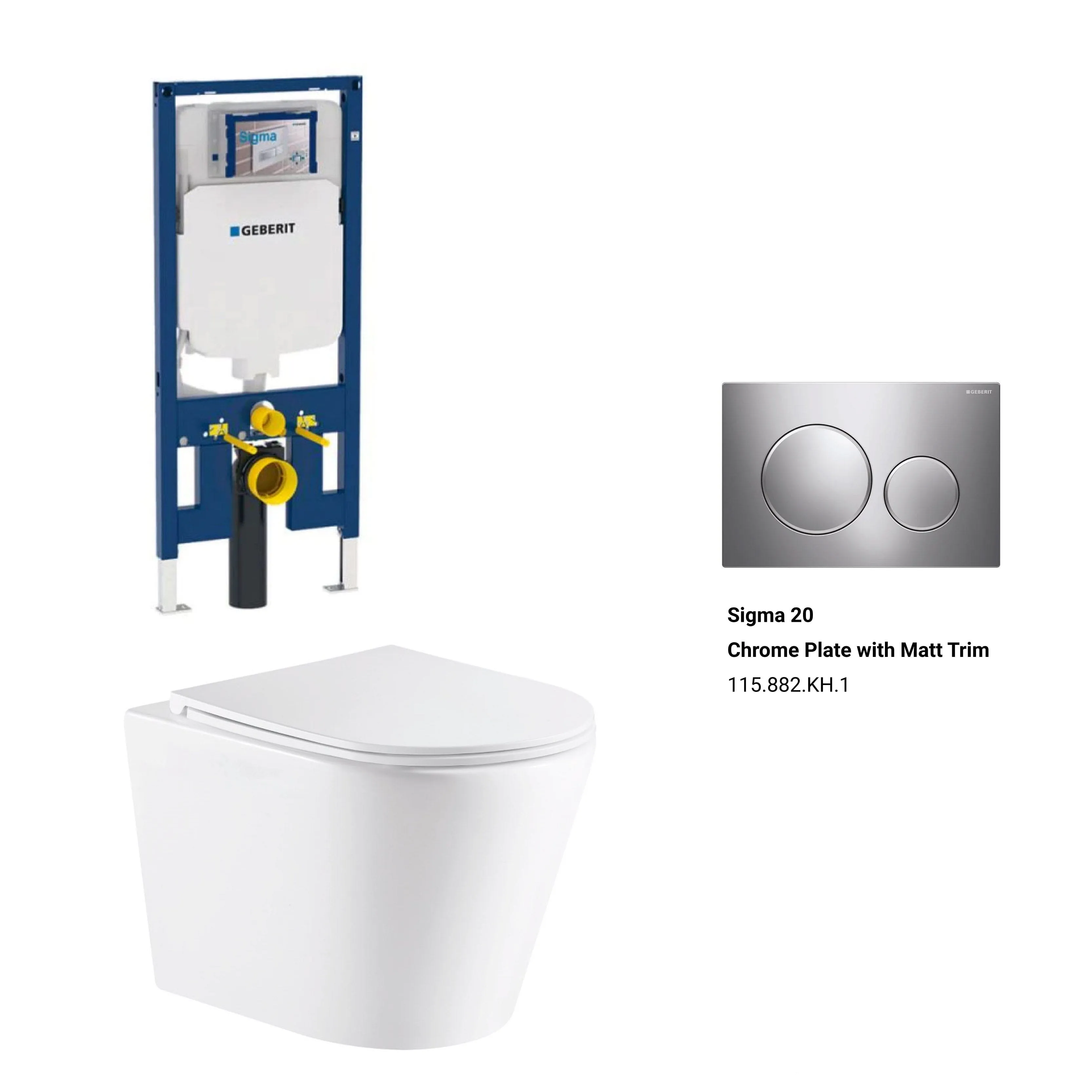 Yara51 Rimless Tornado Wall Hung Toilet Package - Geberit Sigma 8 Duofix In Wall Cistern & Round Button